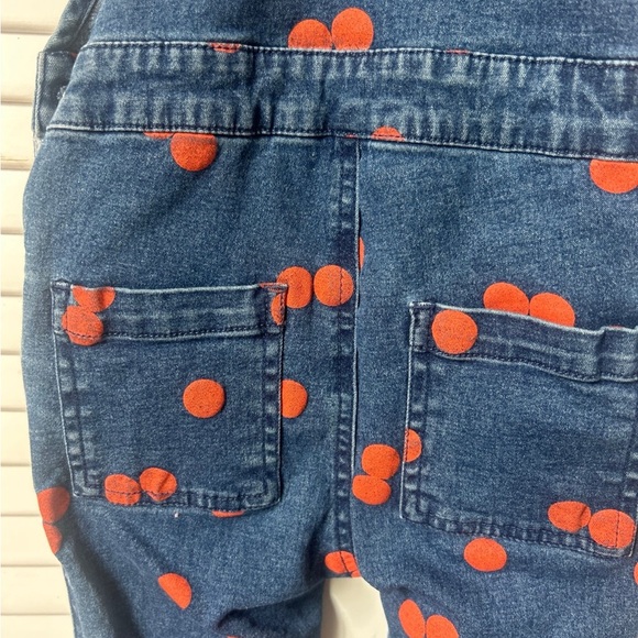 Christian Robinson Microscope Kids Denim Overalls with Reddish Orange Polka Dots - Picture 5 of 6
